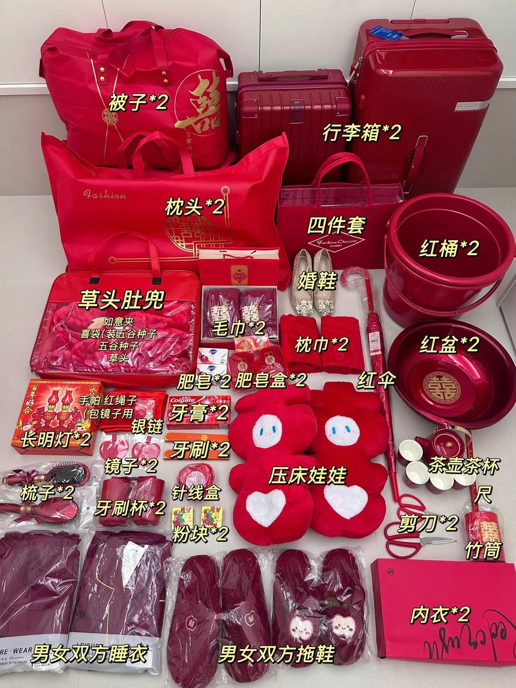 床上摊开的嫁妆:红被、行李箱、红桶、草头肚兜、压床娃娃,逐件标了名称。图源:抖音 @爱意备婚日记,5 月 27 日。