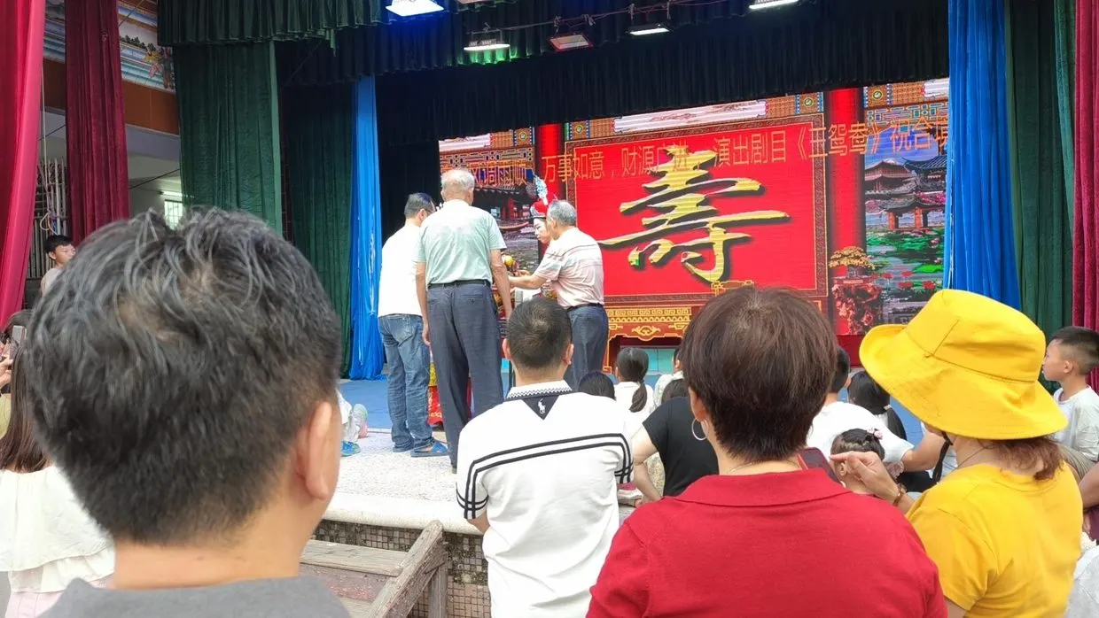 村里贺寿请来的戏班在台上唱戏,背景一个红底「寿」字,台下坐满人。图源:抖音 @高良春,原帖显示「3 天前」,2026 年 10 月 29 日检索。