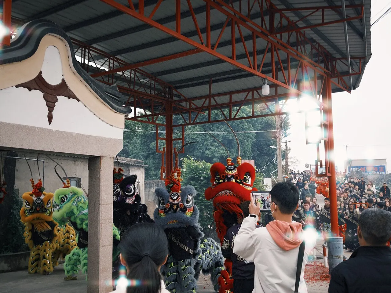 庙前舞狮,两只狮头并人群